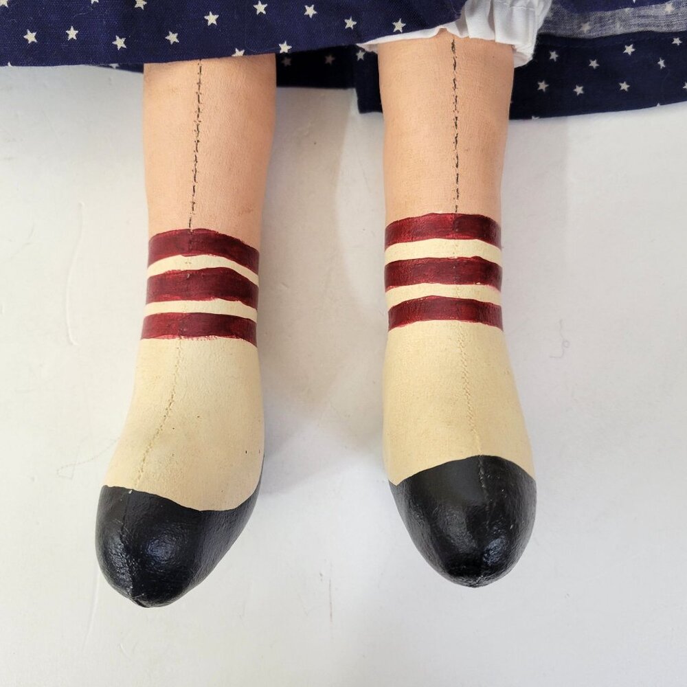 Handmade Rag Doll With Red Hair Navy Polka Dot Dress White Apron And Painted Sho - Picture 6 of 8